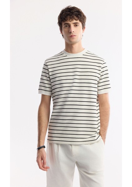 Erkek Beyaz Regular Fit Bisiklet Yaka Çizgili Jakarlı Ribana Detaylı T-shirt A51y1149