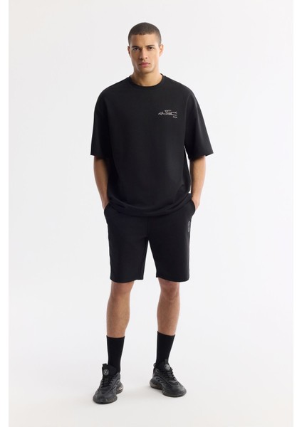 Erkek Siyah Bisiklet Yaka Oversize Göğsü Baskı Detaylı 2'İplik T-Shirt A51Y1095