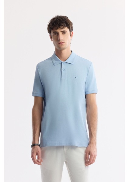 Erkek Açık Mavi Regular Fit %100 Pamuk Hızlı Kuruyan Kıvrılmayan Polo Yaka T-Shirt B001032
