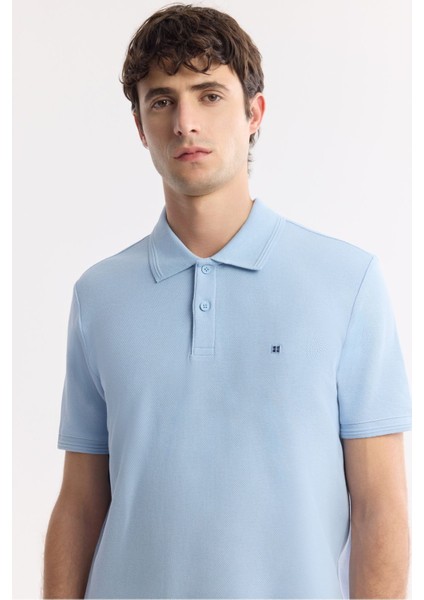 Erkek Açık Mavi Regular Fit %100 Pamuk Hızlı Kuruyan Kıvrılmayan Polo Yaka T-Shirt B001032