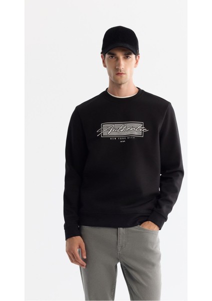 Erkek Siyah Bisiklet Yaka Kolay Ütülenebilir Pamuklu Sweatshirt A42y1270