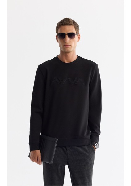 Erkek Siyah Bisiklet Yaka Pamuklu Baskılı Elastan Sweatshirt A42y1227