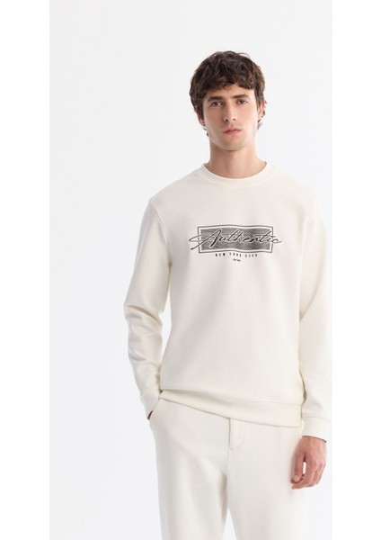 Erkek Ekru Bisiklet Yaka Kolay Ütülenebilir Pamuklu Sweatshirt A42y1270