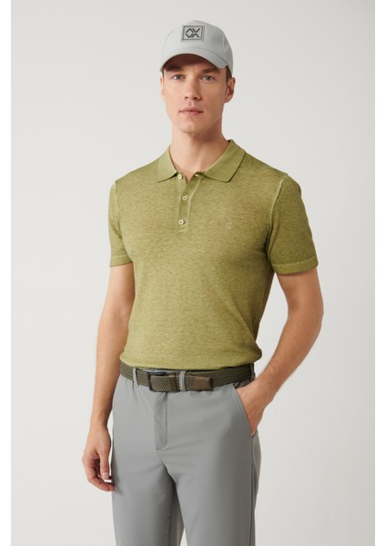 Erkek Haki 3 Düğmeli Garment Dyed Polo Yaka Triko T-shirt A41y5067