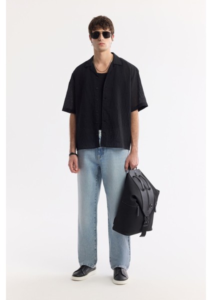 Erkek Siyah Apaj Yaka Viskon Karışımlı Kısa Kol Boxy Fit Gömlek A51Y2131