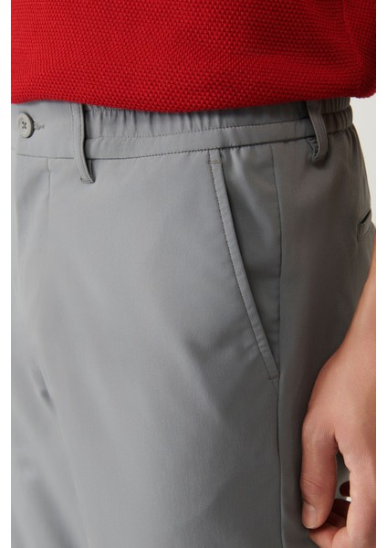 Erkek Gri Slim Fit Beli Lastikli 360 Derece Esnek Teknik Kumaş Pantolon A41y3077
