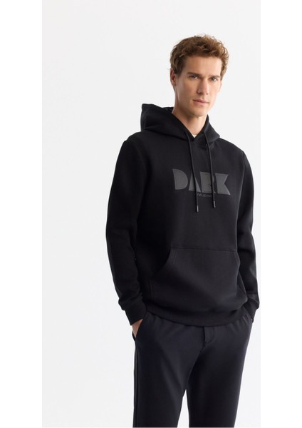 Erkek Siyah Kapüşonlu Pamuklu Baskılı Elastan Sweatshirt A42Y1322
