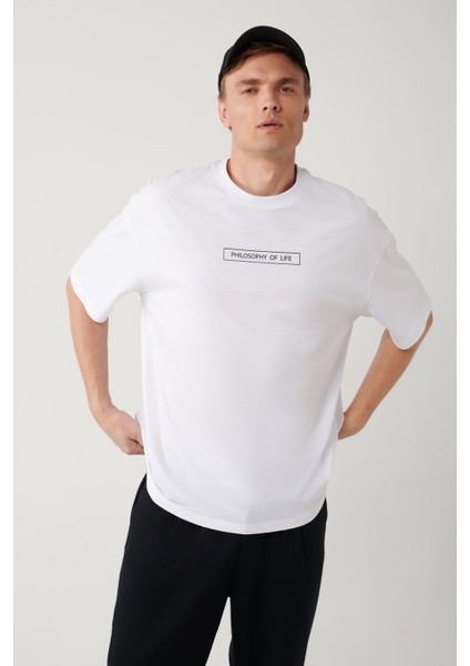 Erkek Beyaz %100 Pamuk Bisiklet Yaka Baskılı T-shirt A41y1173