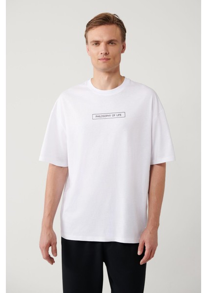 Erkek Beyaz %100 Pamuk Bisiklet Yaka Baskılı T-shirt A41y1173 modelleri