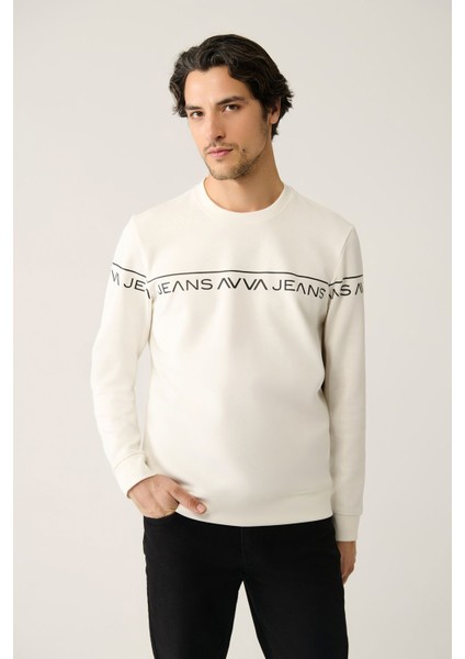 Erkek Beyaz Bisiklet Yaka Interlok Baskılı Sweatshirt A41y1241