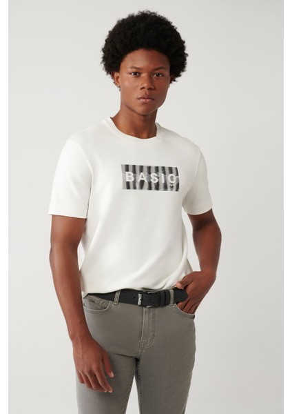 Erkek Beyaz Soft Touch Hologram Baskılı Bisiklet Yaka T-Shirt A41Y1335