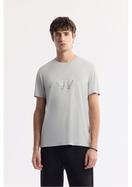 Erkek Açık Gri Bisiklet Yaka Baskılı Shoft Touch, Dökümlü, Rahat Görünüm, Flamlı T-shirt A51y1106