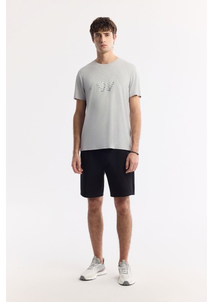 Erkek Açık Gri Bisiklet Yaka Baskılı Shoft Touch, Dökümlü, Rahat Görünüm, Flamlı T-shirt A51y1106
