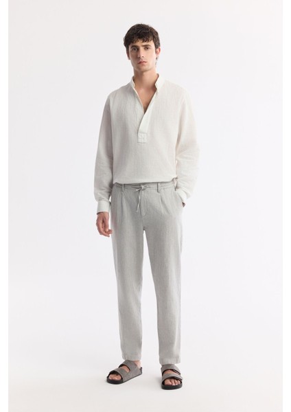 Erkek Gri Relaxed Fit Beli Bağcıklı Keten Karışımlı Chino Pantolon B003036