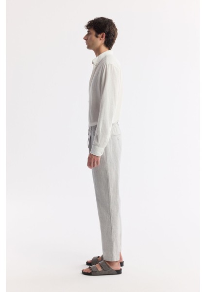 Erkek Gri Relaxed Fit Beli Bağcıklı Keten Karışımlı Chino Pantolon B003036