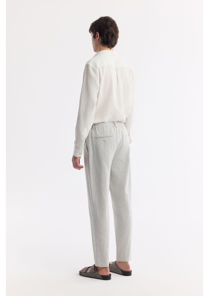 Erkek Gri Relaxed Fit Beli Bağcıklı Keten Karışımlı Chino Pantolon B003036