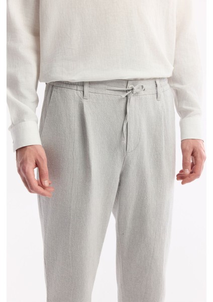 Erkek Gri Relaxed Fit Beli Bağcıklı Keten Karışımlı Chino Pantolon B003036