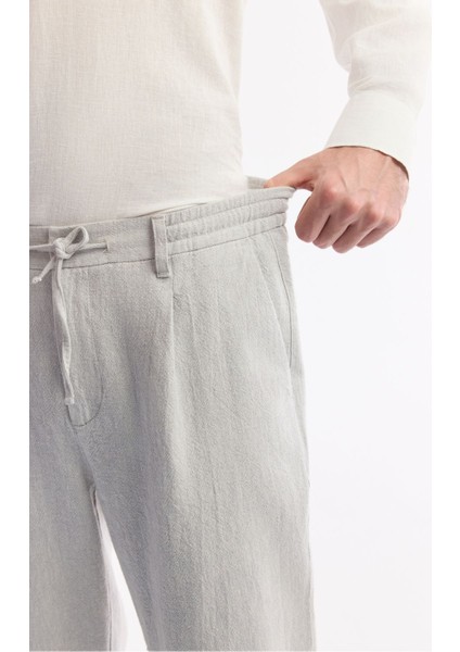 Erkek Gri Relaxed Fit Beli Bağcıklı Keten Karışımlı Chino Pantolon B003036