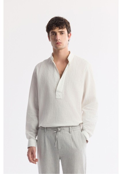 Erkek Gri Relaxed Fit Beli Bağcıklı Keten Karışımlı Chino Pantolon B003036