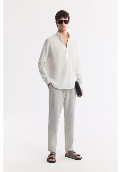 Erkek Gri Relaxed Fit Beli Bağcıklı Keten Karışımlı Chino Pantolon B003036