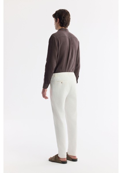 Erkek Kırık Beyaz Relaxed Fit Beli Bağcıklı Keten Karışımlı Chino Pantolon B003036