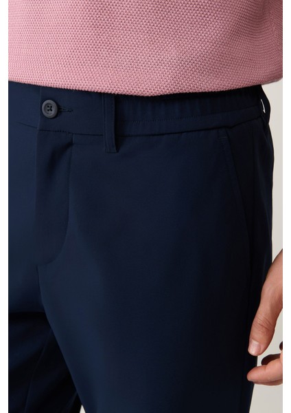 Erkek Lacivert Slim Fit Beli Lastikli 360 Derece Esnek Teknik Kumaş Pantolon A41y3077