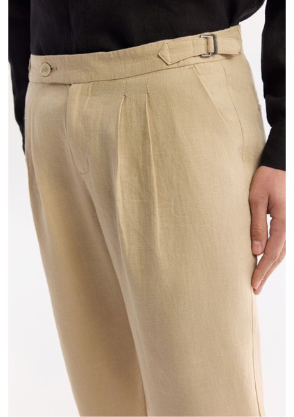 Erkek Bej Carrot Fit Klasik Bel Apolet Detaylı %100 Keten Pantolon A51Y3025