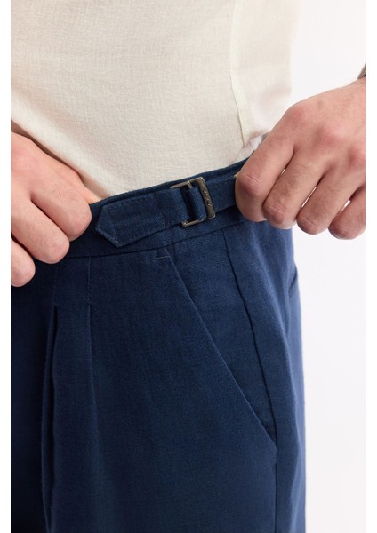 Erkek Lacivert Carrot Fit Klasik Bell Apolet Detaylı %100 Keten Pantolon A51Y3025