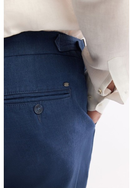 Erkek Lacivert Carrot Fit Klasik Bell Apolet Detaylı %100 Keten Pantolon A51Y3025