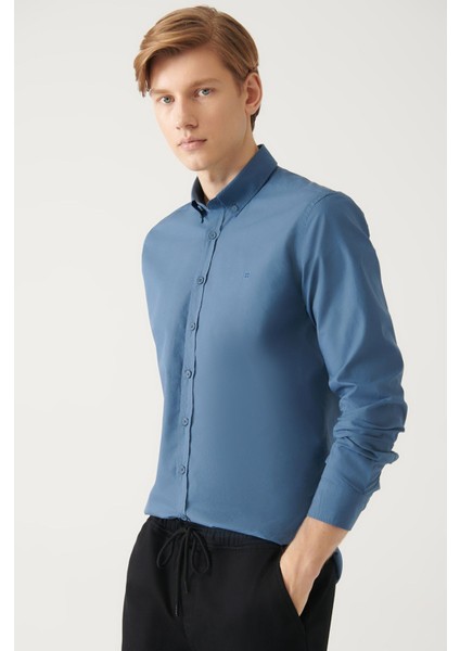 Erkek Indigo Düğmeli Yaka Basic %100 Pamuk Gömlek B002030 modelleri