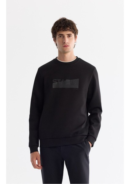 Erkek Siyah Bisiklet Yaka Pamuklu Baskılı Elastan Sweatshirt A42y1229