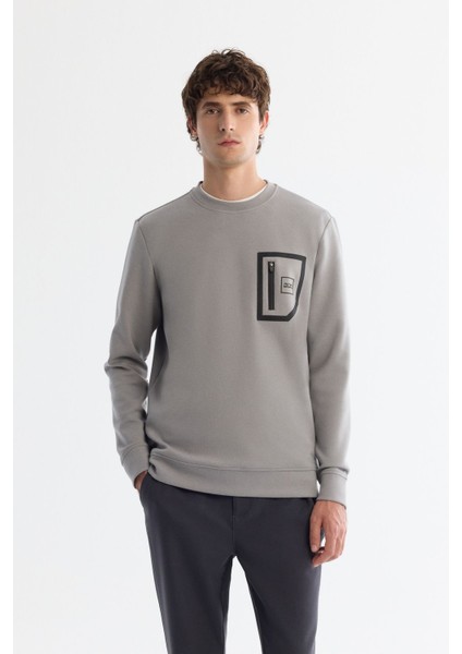 Erkek Gri Bisiklet Yaka Pamuklu Baskılı Elastan Sweatshirt A42y1240