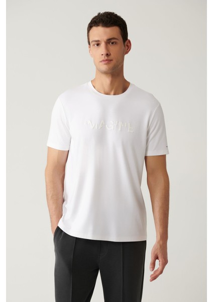Erkek Beyaz Bisiklet Yaka Baskılı Soft Touch T-shirt A41y1030