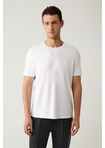 Erkek Beyaz Bisiklet Yaka Baskılı Soft Touch T-shirt A41y1030 modelleri