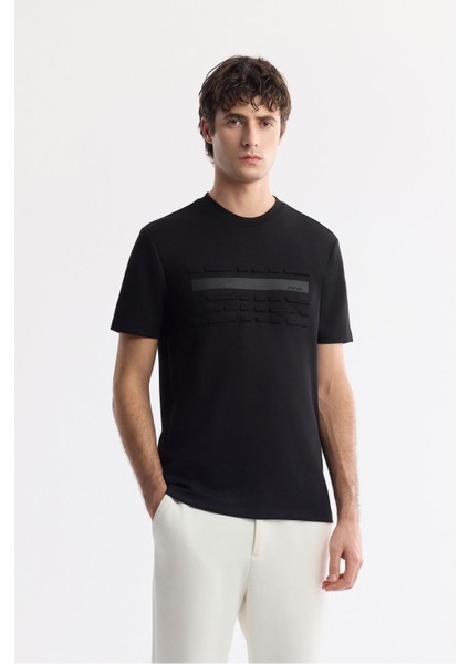 Erkek Siyah Bisiklet Yaka Flexi & Gofre Baskı Detaylı İnterlok T-Shirt A51Y1002