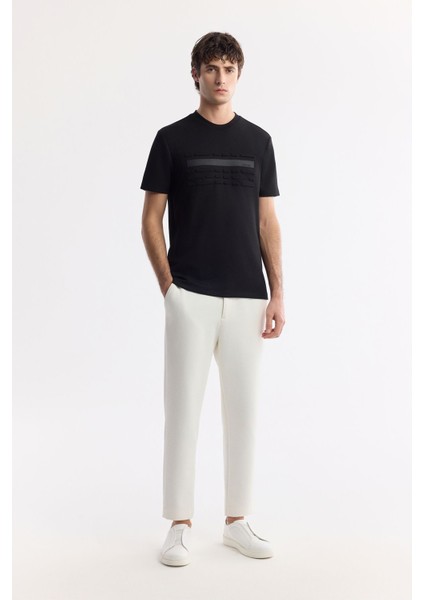 Erkek Siyah Bisiklet Yaka Flexi & Gofre Baskı Detaylı İnterlok T-Shirt A51Y1002