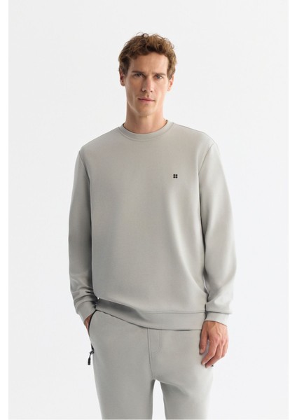 Erkek Gri Bisiklet Yaka Esnek Yumuşak Doku Interlok Kumaş Sweatshirt B001100