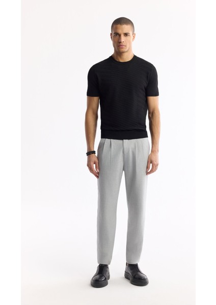 Erkek Siyah Regular Fit Bisiklet Yaka Önü Jakar Detaylı Rayon Triko T-shirt A51Y5004