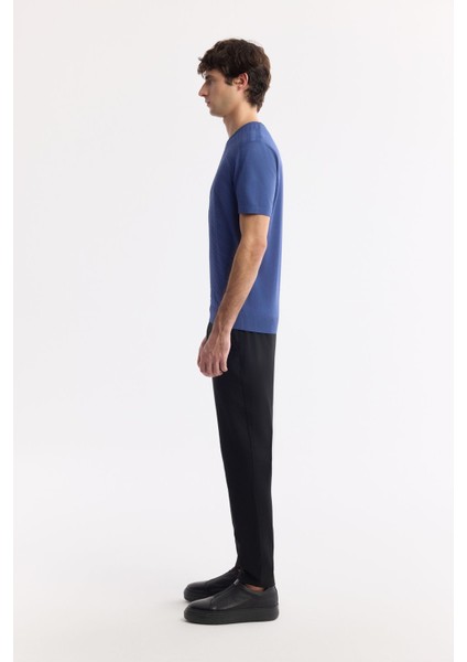 Erkek İndigo Regular Fit Bisiklet Yaka Önü Jakar Detaylı Rayon Triko T-shirt A51Y5004