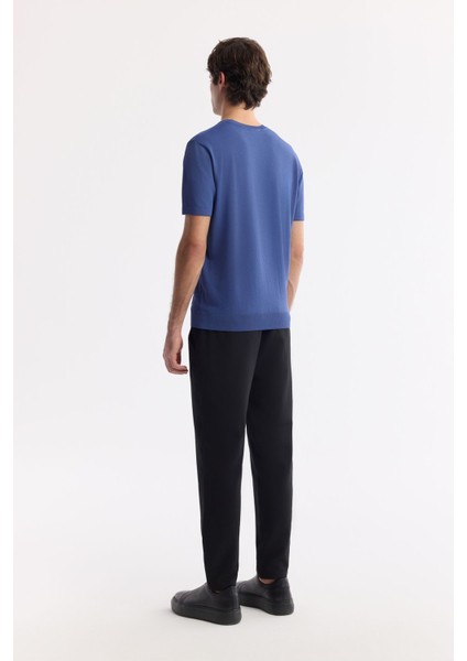 Erkek İndigo Regular Fit Bisiklet Yaka Önü Jakar Detaylı Rayon Triko T-shirt A51Y5004