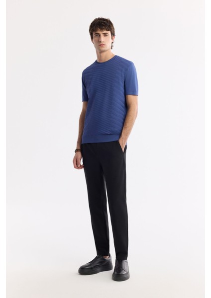 Erkek İndigo Regular Fit Bisiklet Yaka Önü Jakar Detaylı Rayon Triko T-shirt A51Y5004