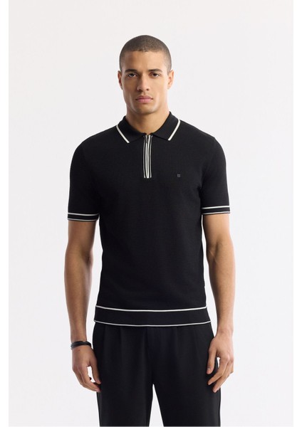 Erkek Siyah Regular Fit Polo Yaka Dokulu Rayon Triko T-shirt A51y5165 modelleri