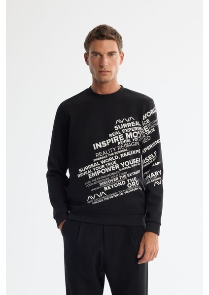 Erkek Siyah Bisiklet Yaka Pamuklu Baskılı Sweatshirt A42y1285