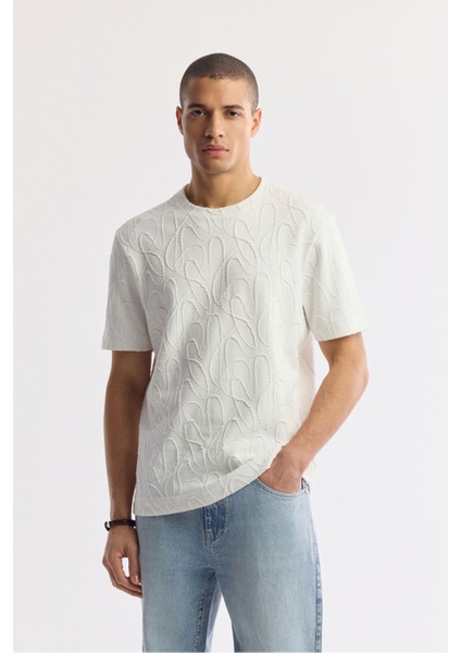 Erkek Beyaz Bisiklet Yaka Pamuklu Jakarlı Elastan T-shirt A51y1122