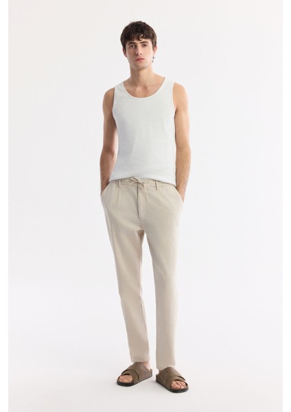 Erkek Bej Relaxed Fit Beli Bağcıklı Keten Karışımlı Chino Pantolon B003036
