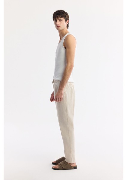 Erkek Bej Relaxed Fit Beli Bağcıklı Keten Karışımlı Chino Pantolon B003036