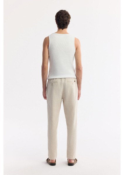 Erkek Bej Relaxed Fit Beli Bağcıklı Keten Karışımlı Chino Pantolon B003036