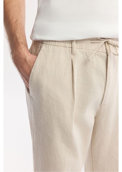 Erkek Bej Relaxed Fit Beli Bağcıklı Keten Karışımlı Chino Pantolon B003036