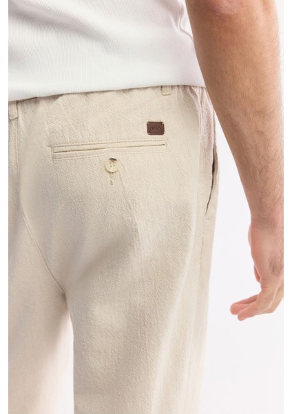 Erkek Bej Relaxed Fit Beli Bağcıklı Keten Karışımlı Chino Pantolon B003036