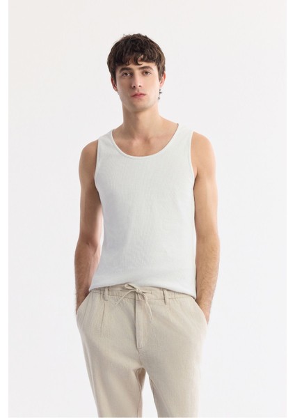 Erkek Bej Relaxed Fit Beli Bağcıklı Keten Karışımlı Chino Pantolon B003036